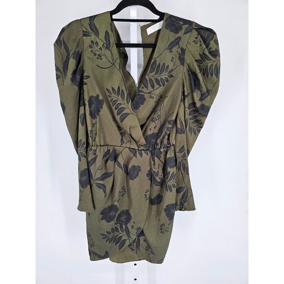 Astr Womens Sz S Jocelyn Olive Green Floral Print Long Puff Sleeve Mini Dress - Picture 1 of 5